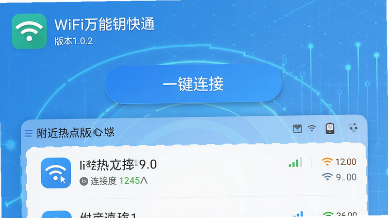 ����ΪWiFi����Կ��ͨ��׿��APP�ĸ����������ͼ�����ּ���ִ���������ʾ����Logo�Ͱ汾��1.0.2���м�չʾ��һ�����ӡ���ť�͸����ȵ��б�������Ϊ����ɫ�Ƽ��������Ű�����������ƽ����ϸ�ڰ����ź�ǿ��ͼ��������ٶ���ʾ�����ʳ��壬�ɾ��޶���Ԫ��