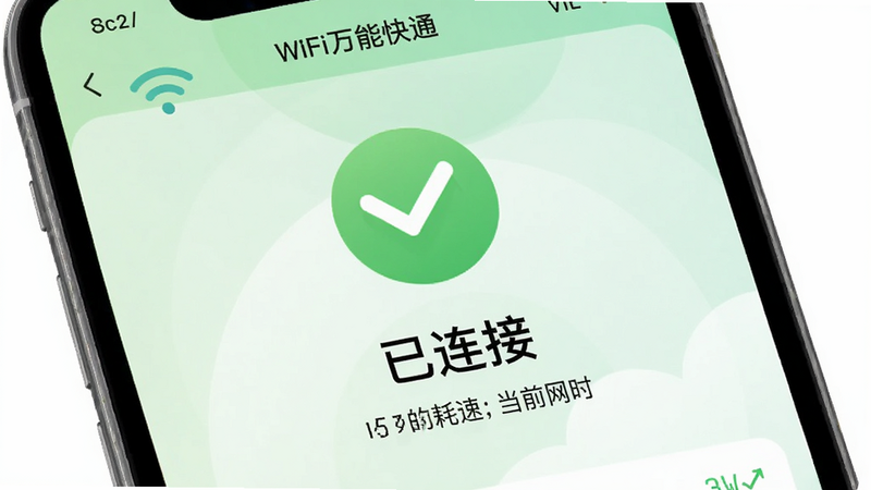 ����ΪWiFi����Կ��ͨAPP���ӳɹ����״̬��ʾҳ�棬����������ʾ�����ɫ�Թ�ͼ�꣬�·�������ʾ�������ӡ�����ǰ���٣�����Ϊ��ͽ����̣�������£�ϸ�ڰ������Ӻ�ʱ���ݣ������������ɾ��޶���Ԫ��