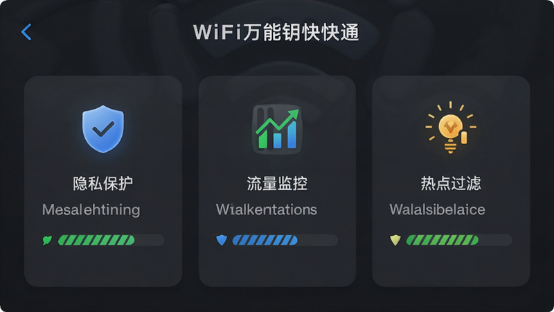 ����ΪWiFi����Կ��ͨAPP�İ�ȫ��������ҳ�棬����Ϊ��Ƭʽ���У�չʾ����˽����������������ء������ȵ���ˡ�����ģ�飬����Ϊ���ɫ�����רҵ���أ�ϸ�ڰ�������ͼ��Ͱ�ȫ�ȼ���ʶ������ϸ�壬�ɾ��޶���Ԫ��