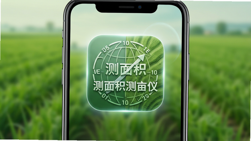 主体为一款现代简约风格的手机应用界面展示图,背景为清新的绿色农田虚化场景,中心突出显示“测面积测亩仪”APP图标,图标设计包含经纬度坐标元素与绿色土地纹理,布局居中对称,排版清晰,风格写实且科技感强,细节处可见屏幕光晕与图标立体感,画质高清,干净,无多余元素