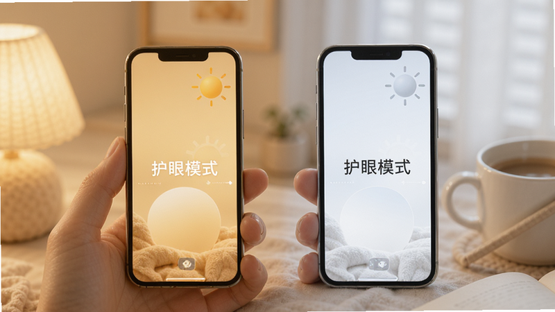 主体为手机屏幕,展示两种不同的色彩模式对比,左侧为暖黄色调,右侧为冷白色调,布局对称,风格温馨舒适,细节柔和,画质高清,干净无多余元素,文字