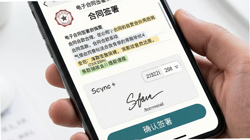 ����Ϊ�ֻ���Ļ�ϵĵ��Ӻ�ͬǩ����棬����Ϊ�ϰ벿����ʾ��ͬ����ժҪ���°벿����ʾǩ������͡�ȷ��ǩ�𡱰�ť���Ű�������򣬷��Ϊרҵ����Ƽ��磬ϸ�ڰ���ӡ��ͼ�ꡢ����ѡ���������������ʾ�������������ɾ����޶���Ԫ�أ�������ʾ