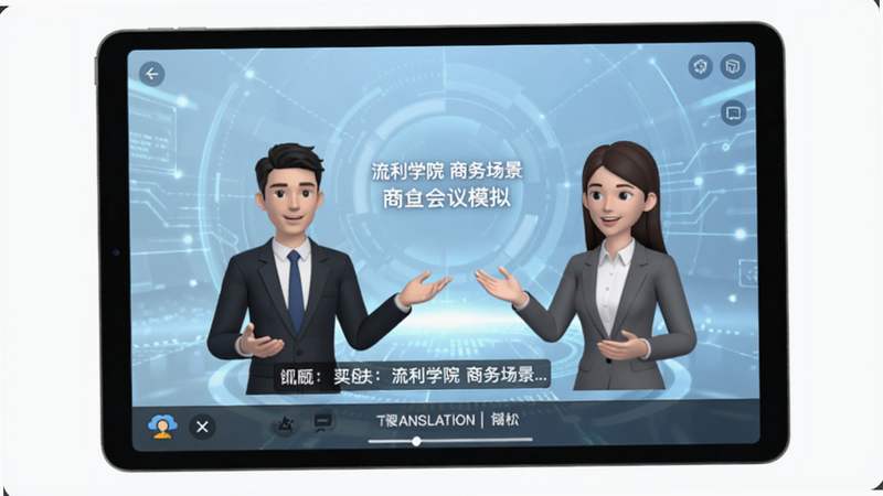 平板电脑上显示流利学院的商务会议模拟课程界面,屏幕中有两个虚拟人物正在进行对话,下方有实时字幕和翻译功能,背景为淡蓝色科技风,文字为“流利学院 商务场景”