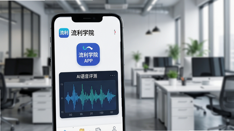 一张高清的现代职场办公场景图,主体为一部显示着流利学院APP界面的安卓手机,背景是模糊的现代化办公室,界面清晰展示着“流利学院”Logo和AI语音评测波形图,风格写实,细节丰富,画质4k,干净无多余元素,文字为“流利学院”