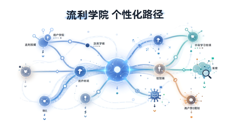 一张抽象的数据可视化图表,展示流利学院的用户学习路径规划,线条流畅,节点清晰,背景为白色,体现个性化定制概念,文字为“流利学院 个性化路径”