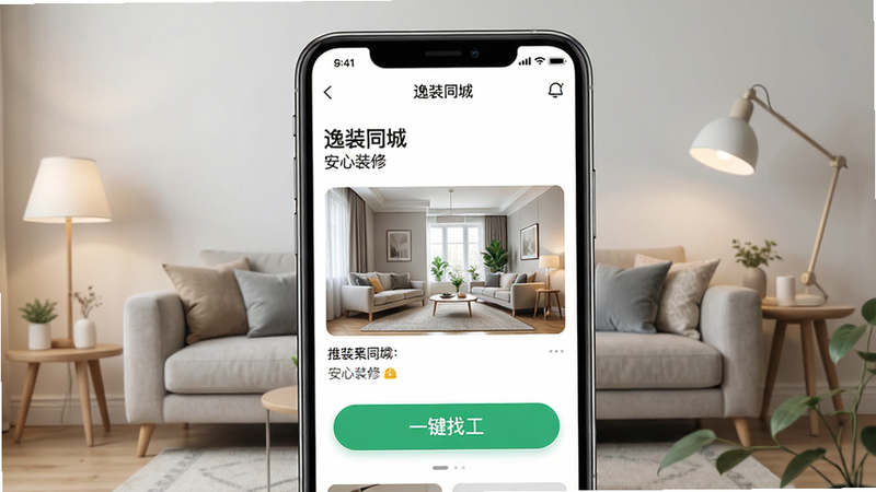 生成一张展示“逸装同城”APP核心界面的概念图,主体为手机屏幕,显示首页推荐装修案例与“一键找工”按钮,布局清晰,排版简洁,风格现代简约,细节处体现家居元素如沙发、灯具,文字包含“逸装同城”、“安心装修”,画质高清,干净,无多余元素