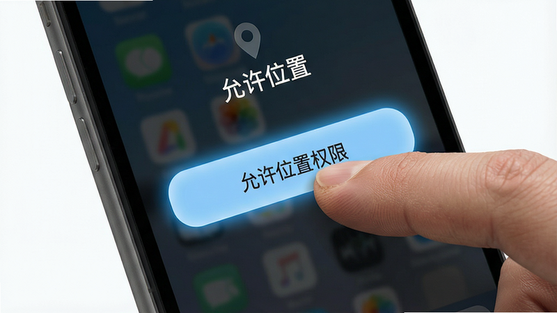 生成一张手机端操作教程的示意图,主体为手机屏幕特写,手指正在点击“允许位置权限”按钮,布局聚焦于交互动作,排版简洁直观,风格写实,细节包含手指纹理、按钮高亮效果,文字包含“允许位置”、“逸装同城”,画质高,干净,无多余元素