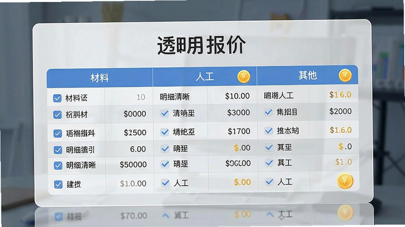 生成一张展示透明报价单的UI设计图,主体为一张数字化的费用清单,分为材料、人工、其他三栏,布局表格化,排版整齐严谨,风格商务简约,细节处有勾选标记和金币图标,文字包含“透明报价”、“明细清晰”,画质高,干净,无多余元素
