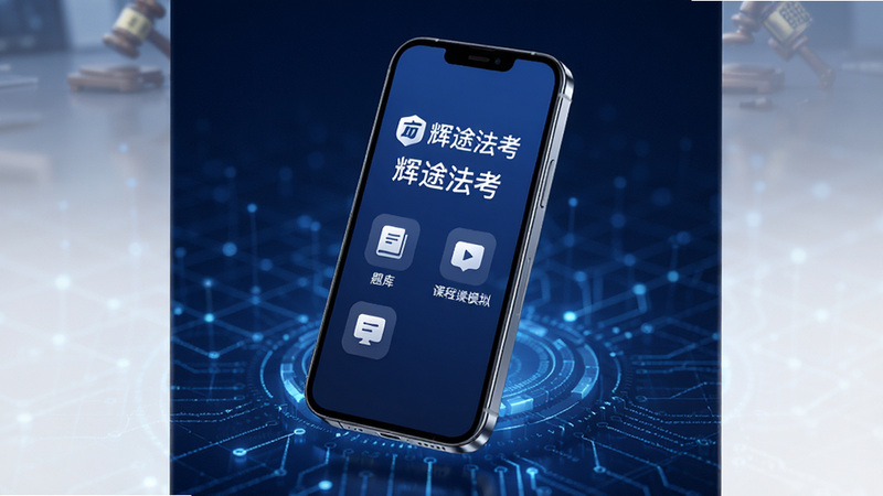 辉途法考App主界面展示,背景为深蓝色科技感网格,中央悬浮一个简洁的手机模型,屏幕显示“辉途法考”Logo及核心功能图标(题库、课程、模拟),字体为白色无衬线体,光影柔和,高清写实风格,无多余装饰元素