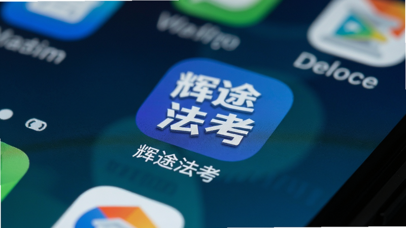 手机桌面显示“辉途法考”APP图标,图标设计简洁,背景为模糊的安卓系统界面,焦点在图标上,色彩鲜艳,清晰度高,无杂乱图标