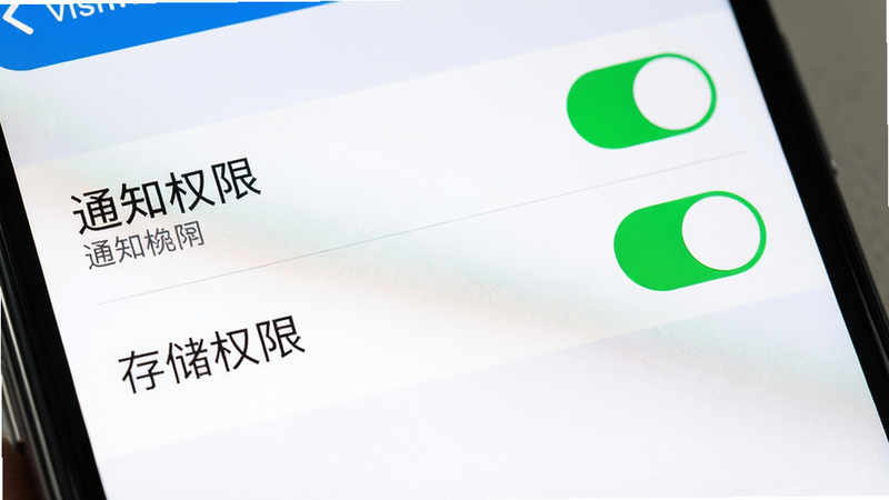 手机设置界面特写,显示“通知权限”、“存储权限”开关开启状态,界面清晰,光线充足,真实感强,无其他干扰元素,高分辨率