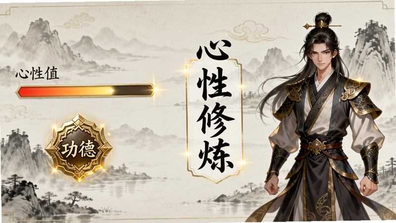 主体为游戏角色属性面板,左侧显示“心性值”进度条与“功德”徽章,右侧是角色立绘,背景为淡雅的水墨山水,文字标注“心性修炼”,布局左右对称,字体清晰,风格古朴典雅,细节处有金色光效点缀,高清渲染,无杂乱元素