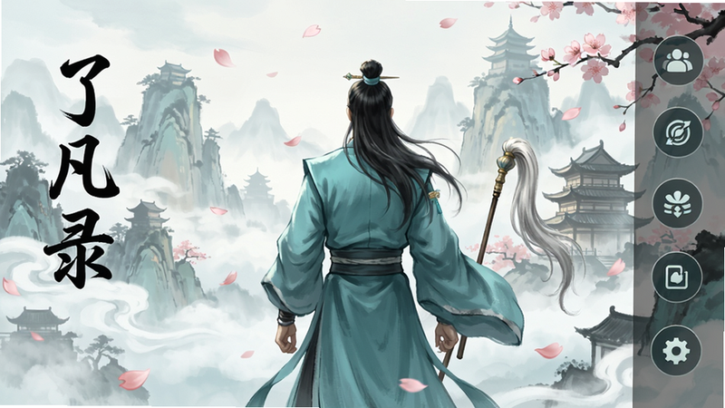 主体为《了凡录》手游主界面,中央展示一位身着青色长袍、手持拂尘的修仙者背影,背景是云雾缭绕的仙山楼阁与飘落的樱花瓣,左侧竖排文字“了凡录”,右侧显示简洁的功能按钮图标,整体采用新中式水墨风格,色调清雅,细节丰富,高清画质,无多余水印
