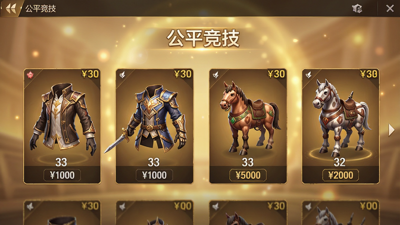 主体为游戏内商城界面预览,展示几款精美的时装与坐骑,价格标签清晰,背景为柔和的金色光晕,文字标注“公平竞技”,布局整齐,色彩温暖,细节丰富,高清渲染,无误导性文字