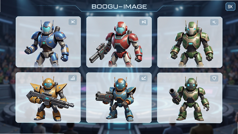 Boogu-Image style, character selection interface, grid layout showing 6 different sci-fi robot characters with distinct colors and weapon types, clean UI panels, soft lighting, high definition, character details visible, background blurred arena, professional game art, 8k texture