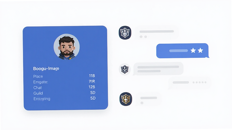 Boogu-Image style, social interface mockup, showing player profile card with avatar and stats, chat bubble examples, guild icon, clean white background, flat design elements, minimalistic, high resolution, no clutter, professional UI design