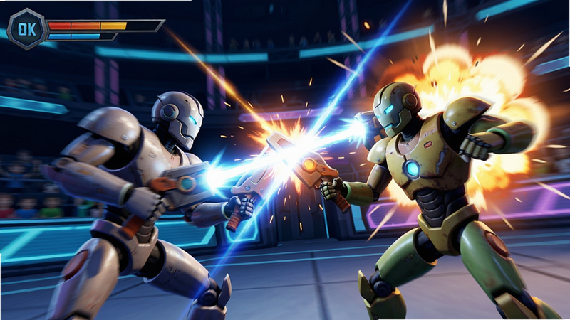 Boogu-Image style, action shot of two robots fighting in a cyber arena, motion blur effects on weapons, energy beams crossing, dynamic angle, bright explosion effects, high speed feel, clean background, game screenshot style, 4k quality, vivid colors