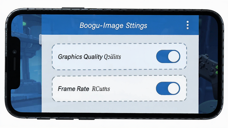 Boogu-Image style, mobile phone screen showing game settings menu, toggles for graphics quality and frame rate highlighted, clean interface, blue and white color scheme, instructional diagram style, clear text labels, high resolution, no other elements