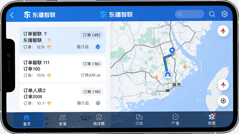 主体为东疆智联司机端APP界面,布局清晰,左侧显示订单列表,右侧为地图导航,顶部有“东疆智联”Logo,底部为功能菜单,风格现代简洁,蓝色主色调,细节丰富,高清画质,无多余元素