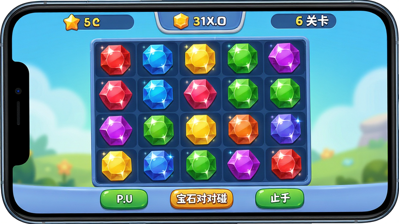 主体为手机屏幕特写,显示《宝石对对碰》游戏界面,布局清晰,顶部显示分数和关卡,中间网格布满红蓝黄绿紫五色发光宝石,底部有提示按钮,排版整洁,风格为卡通3D渲染,细节丰富宝石有高光,画质4k高清,干净无多余元素,文字