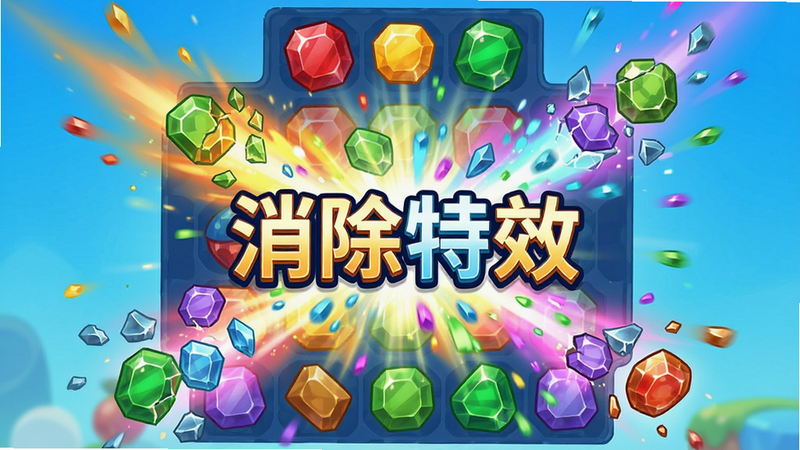 主体为游戏消除瞬间,多组宝石正在爆裂消失,产生彩色粒子特效,布局动感,排版聚焦中心消除区,风格为明亮卡通,细节展示宝石破碎过程,画质细腻,干净无背景杂物,文字