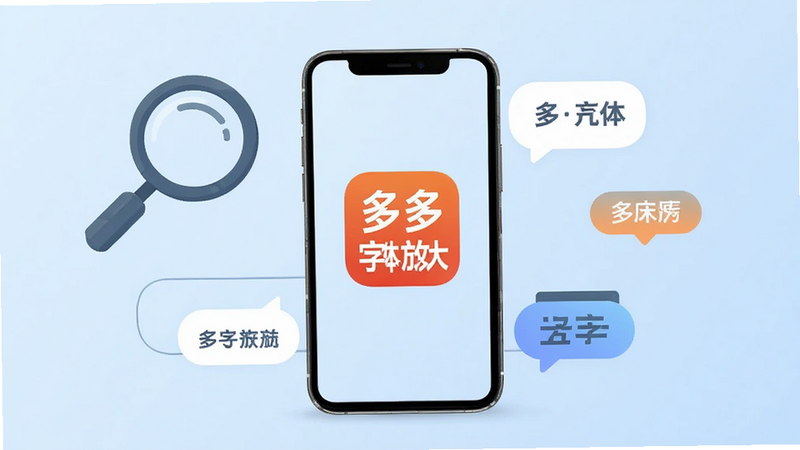 主体为一部现代智能手机,屏幕显示着“多多字体放大”的应用图标,背景为简洁的浅蓝色渐变,周围环绕着放大镜片和文字气泡的抽象图形,排版居中,风格扁平化设计,细节清晰,画质高,干净,无多余元素