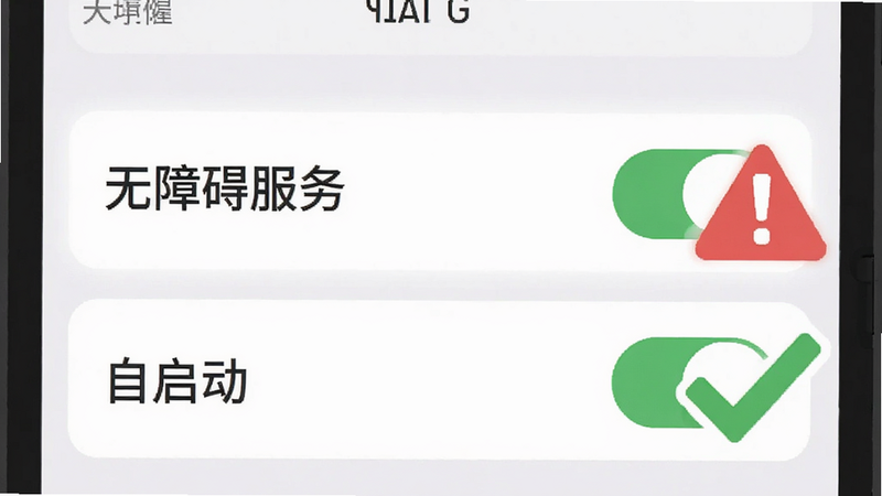 主体为手机设置界面的截图风格插画,重点高亮显示“无障碍服务”和“自启动”选项,旁边有一个红色的警告标志和一个绿色的对勾,布局清晰,排版强调重点,风格扁平化,细节突出权限开关的状态,画质清晰,干净,无多余元素