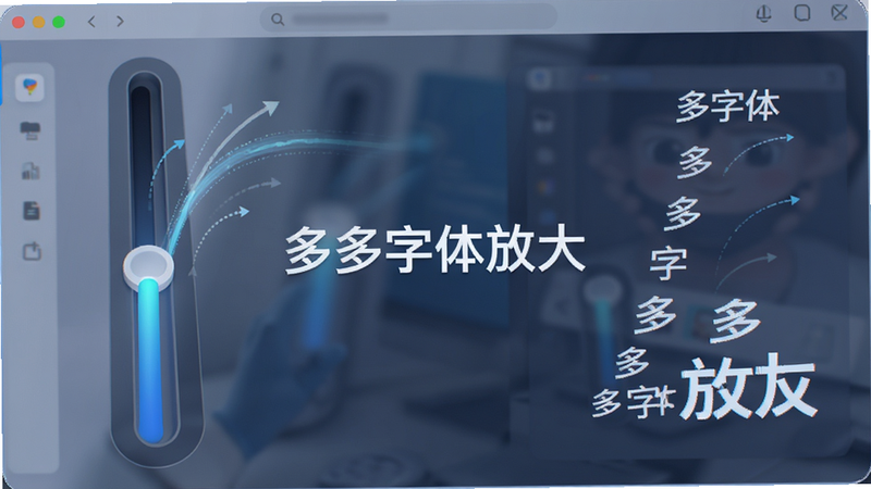 主体为软件的操作界面示意图,左侧是一个巨大的滑动条,右侧展示文字从小变大的对比效果,中间标注“多多字体放大”字样,布局左右对称,排版整洁,风格科技感与亲和力并存,细节展现流畅的动画轨迹,画质清晰,干净,无多余元素