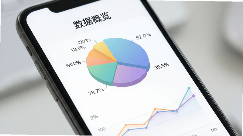 主体为手机屏幕展示彩色饼图与折线图,布局平衡,色彩柔和,风格数据可视化,细节展示数据标签与趋势线,画质精致,干净,文字“数据概览”清晰可见
