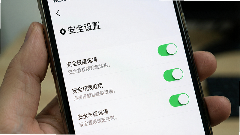 主体为手机设置界面展示安全与权限选项,布局列表式,风格简洁,细节展示开关状态与文字说明,画质清晰,干净,文字“安全设置”清晰可见