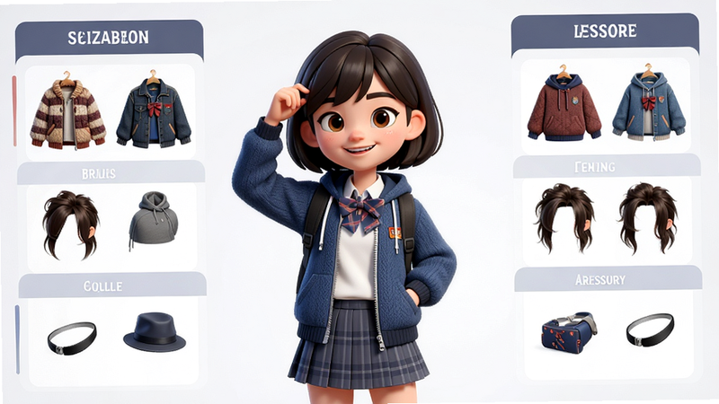 ��ɫ�Զ�����棬����Ϊһ�����ڸ�����װ�Ŀ�ͨѧ����ɫ���Ա��з�װ�����͡����ε�ѡ���б������ֶԳƣ��Ű����룬���ʱ���ִ���ϸ��չʾ��װ����������ϸ�壬�޶���װ��