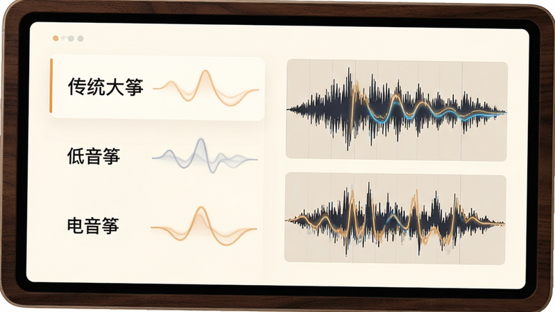 主体为电子古筝模拟App的音色选择界面特写,屏幕左侧列出“传统大筝”、“低音筝”、“电音筝”等选项,右侧显示对应的波形图预览,界面色调为暖白色搭配深木色边框,布局左右分栏,排版整齐,风格简约科技,细节处有音波动态效果的静态呈现,画质高清,干净,无多余元素
