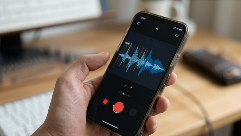 主体为一只手握着智能手机正在录音界面操作电子古筝模拟App,屏幕显示红色录音圆点和波形跳动,背景为虚化的书桌环境,布局紧凑聚焦屏幕,排版简洁,风格生活化实拍,细节展现手机侧边按键与握持姿态,画质高清,干净,无多余元素
