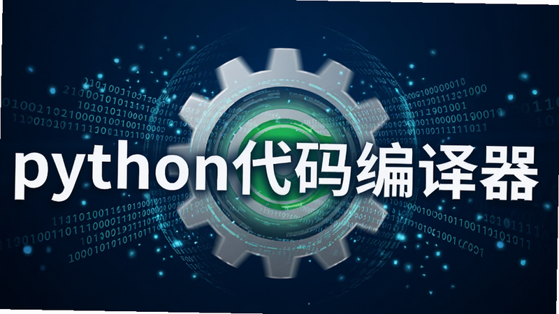 主体是一个高速运转的齿轮与代码流结合的抽象图形,背景为深蓝色渐变,齿轮中心发出绿色光芒,周围环绕着二进制代码流。布局左右对称,排版动态感强,风格为未来科技风,细节处有光效粒子,画质超清,干净,无多余元素,文字包含