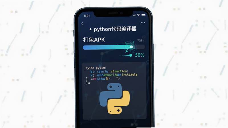 主体是一个手机界面,显示着“打包APK”的进度条和Python代码片段,背景为深蓝色科技风。布局中心突出,排版简洁,风格为扁平化,细节处有进度条动画效果,画质清晰,干净,无多余元素,文字包含