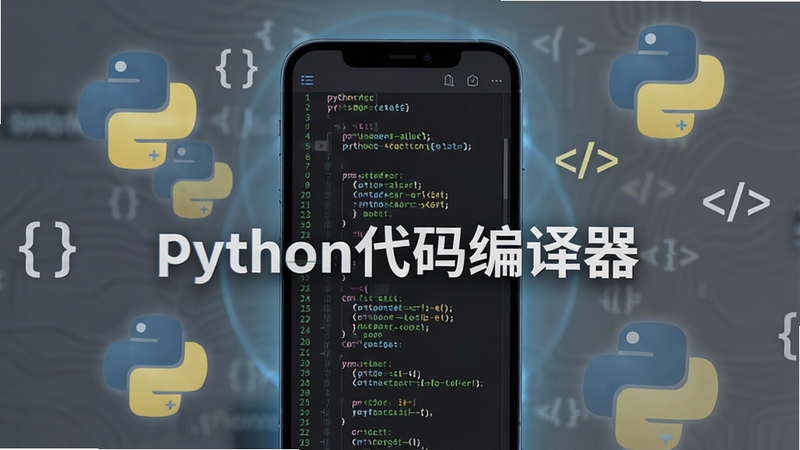 主体为一部竖屏智能手机,屏幕中央显示着深色主题的代码编辑器界面,背景为深灰色,代码字体为亮绿色和白色,左侧有行号,右侧有滚动条。手机周围漂浮着几个半透明的PythonLogo图标和代码符号如'{ }'、'< >'。布局居中,排版整齐,风格为现代科技感极简主义,细节处有微弱的蓝光反射,画质高清,干净,无多余元素,文字包含