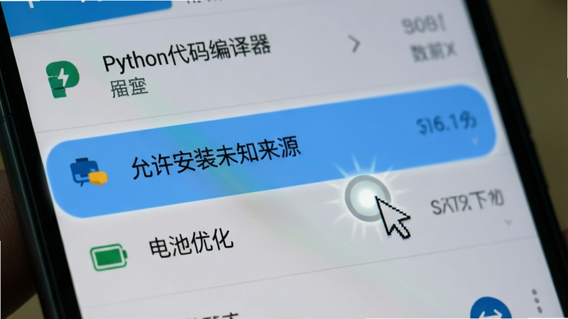 主体是一个手机设置界面的截图,高亮显示了“允许安装未知来源”和“电池优化”选项,背景为模糊的安卓系统设置菜单。布局清晰,排版重点突出,风格为写实UI设计,细节处有手指点击的光标,画质清晰,干净,无多余元素,文字包含
