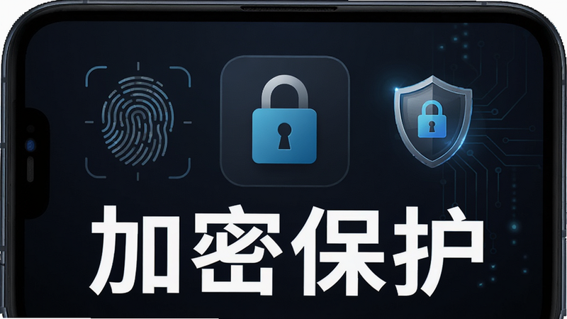 主体为手机安全界面,展示NANO DATA的加密锁图标,布局居中对称,排版严谨,风格为深色调安全科技风,细节包含指纹识别动画与加密盾牌符号,画质锐利,干净,无多余元素,文字