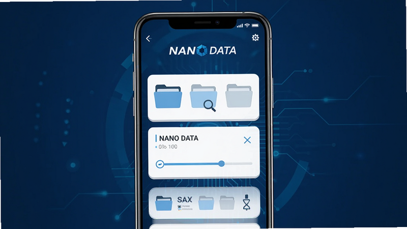 主体为一部竖屏显示的现代智能手机,屏幕中央显示NANO DATA应用界面,布局简洁,采用深蓝色科技背景,排版整齐,风格为扁平化UI设计,细节包含文件夹图标与同步进度条,画质高清,干净,无多余元素,文字