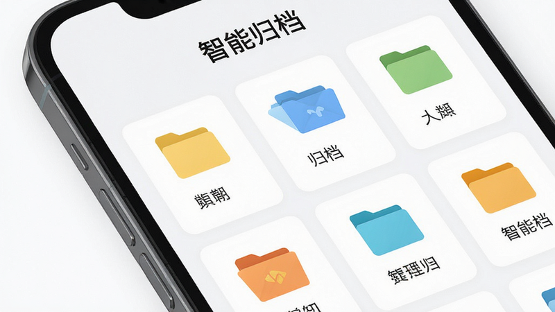 主体为手机屏幕特写,展示NANO DATA的智能归档界面,布局为网格状文件卡片,排版疏密有致,风格为极简主义,细节显示不同颜色图标代表不同文件类型,画质清晰,干净,无多余元素,文字