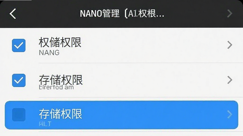 主体为手机设置界面截图风格,展示NANO DATA权限管理页面,布局为列表式,排版清晰,风格为系统原生UI,细节包含勾选框与权限名称,画质清晰,干净,无多余元素,文字
