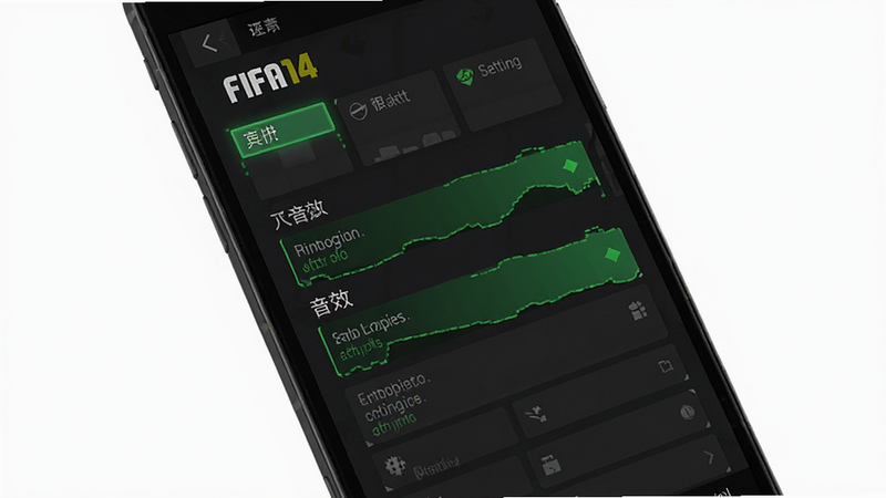主体为手机屏幕显示FIFA14游戏设置界面,布局清晰展示画质与音效选项,背景为深色模式UI,排版整齐有序,风格为科技感扁平化,细节处有绿色高亮选中状态,画质清晰,干净无杂乱元素