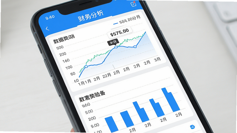 主体为手机界面,显示好好管家APP的财务分析页面,布局为折线图与柱状图,风格数据可视化,细节包含金额数字与日期,画质清晰,干净,无多余元素