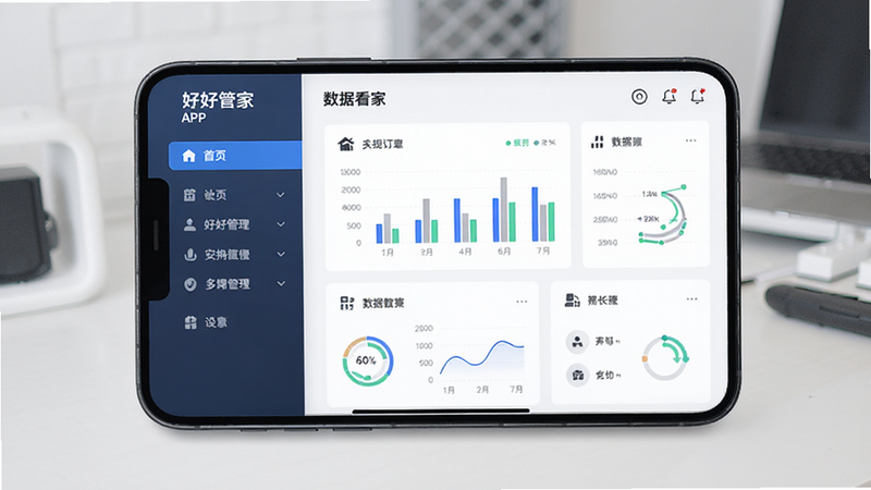 主体为手机屏幕,显示好好管家APP界面,布局清晰,左侧为导航栏,右侧为数据看板,风格简约商务,细节包含图表与图标,画质高清,干净,无多余元素
