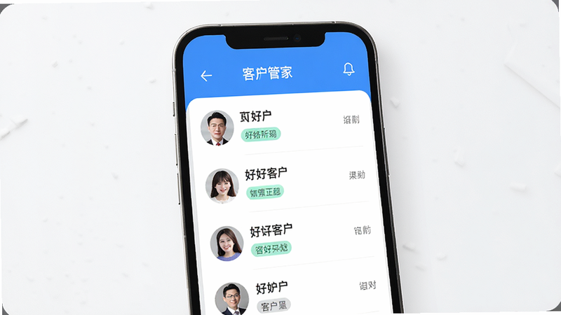 主体为手机屏幕,显示好好管家APP的客户列表页面,布局为列表形式,风格简洁现代,细节包含客户头像与标签,画质高清,干净,无多余元素