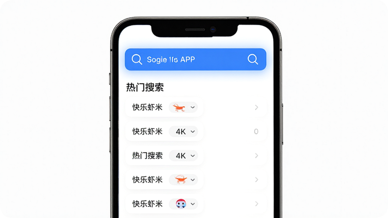 主体:快乐虾米APP搜索页面,布局:顶部搜索框高亮,下方显示热门搜索词列表,排版:垂直列表,风格:现代简约,细节:放大镜图标,蓝色高亮背景,画质:4k超清,干净,无多余元素