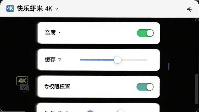 主体:快乐虾米设置页面,布局:列表式选项,包括音质、缓存、权限设置,排版:垂直滚动,风格:简洁白色背景,细节:开关按钮,滑块控件,画质:4k超清,干净,无多余元素