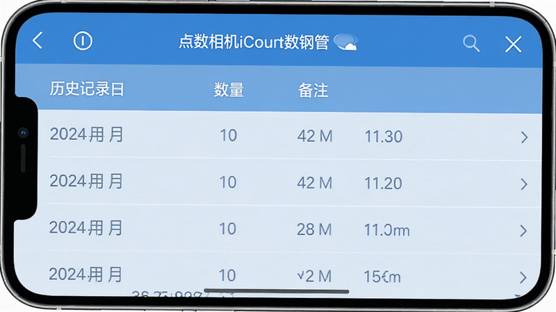 手机界面截图风格,显示'点数相机iCount数钢管'的历史记录列表,包含日期、数量、备注等字段,界面设计简洁现代,蓝色主题,数据清晰易读,无其他干扰元素,专业软件界面风格