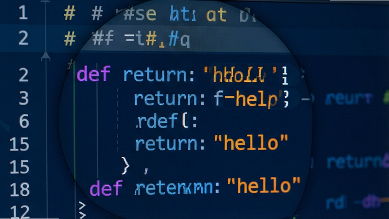 ����༭������ֲ��Ŵ�ͼ��չʾ���� Python ���룬���� def �ؼ���Ϊ��ɫ��return Ϊ��ɫ���ַ��� 'hello' Ϊ��ɫ��# ע��Ϊǳ��ɫ������Ϊ����ɫ��������������������Ч�����ԣ����������﷨ʶ���������������룬�Ű�淶�����רҵ��ϸ�ڴ��ɼ��к��б������ʸ��壬��ģ��