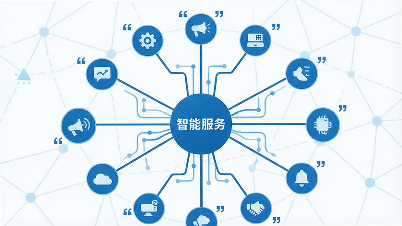 主体为抽象的蓝色网络拓扑图,中心节点标有“智能服务”,向外连接多个应用图标,布局呈放射状,排版对称,风格为扁平化设计,细节体现数据连接线条,画质高清,干净,无多余元素,文字“广告调度”加引号
